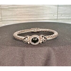 Premier Designs Cable Silver Tone Black Stone Fleur De Lis Hinged Clamp Bracelet